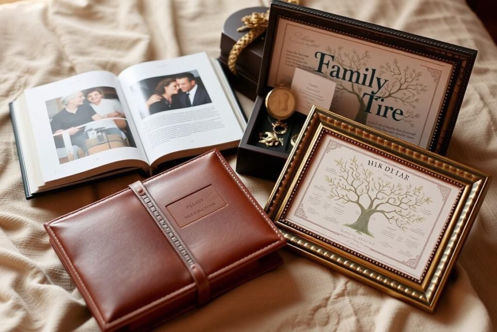 Sentimental gifts including a memory book, heirloom jewelry box, and framed family tree