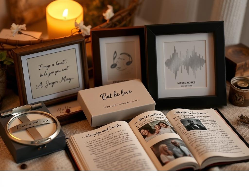 Sentimental personalized gifts including a handwriting bracelet, voice wave sound art, and a memory book