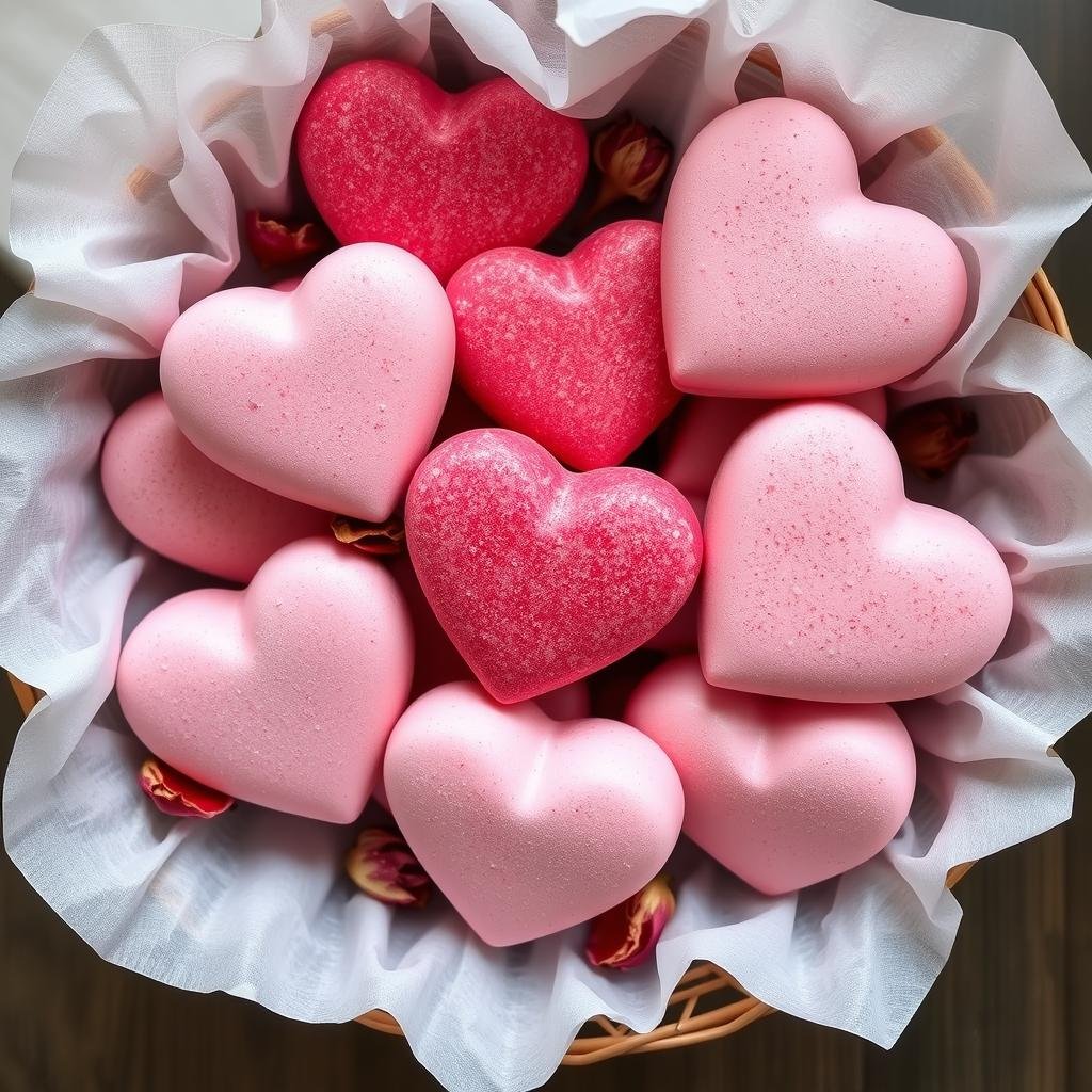 Set of homemade bath bombs in heart shapes with rose petals
