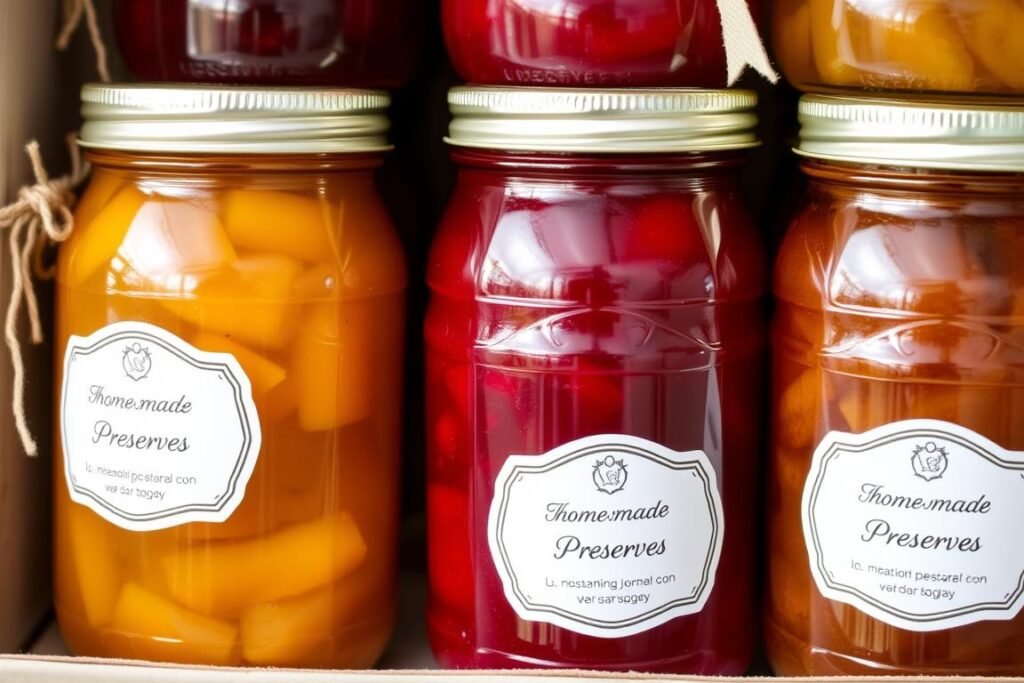 Set of homemade preserves in glass jars with custom labels