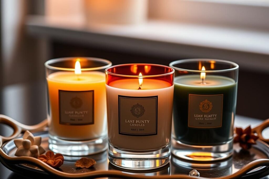 Set of luxury scented candles in decorative glass containers
