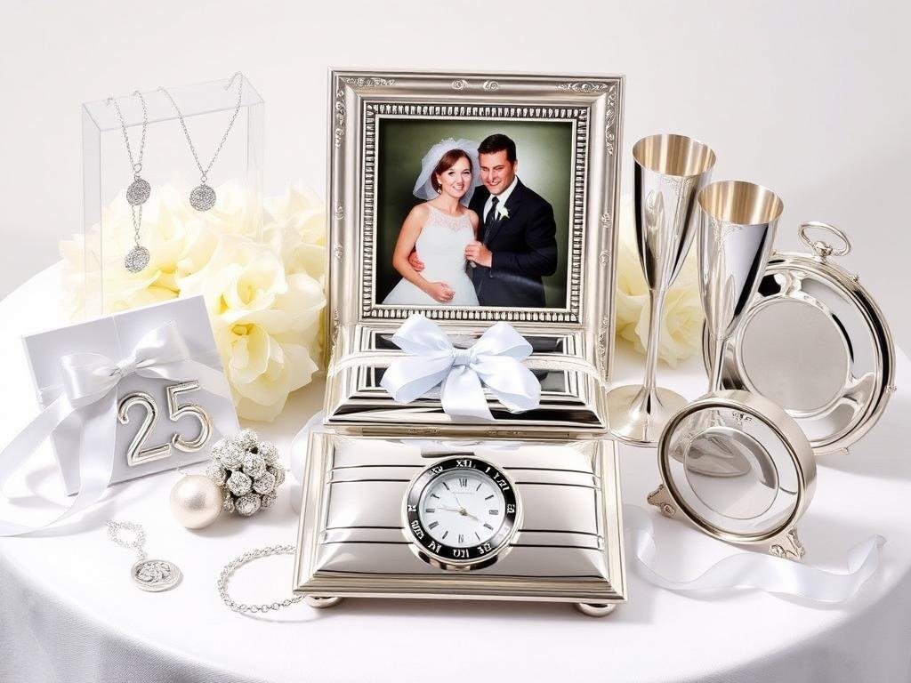Silver anniversary gifts including jewelry, photo frame, and commemorative items