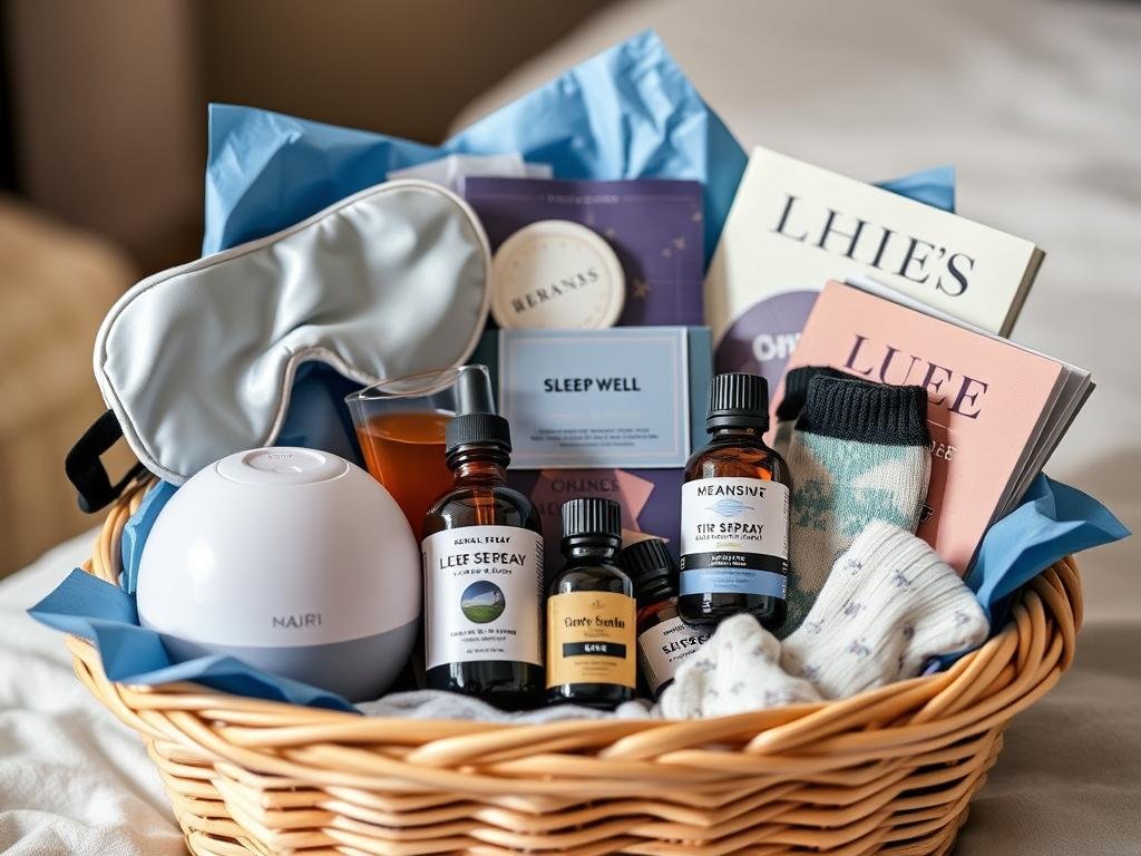 Sleep well gift basket with eye mask, pillow spray, and bedtime essentials