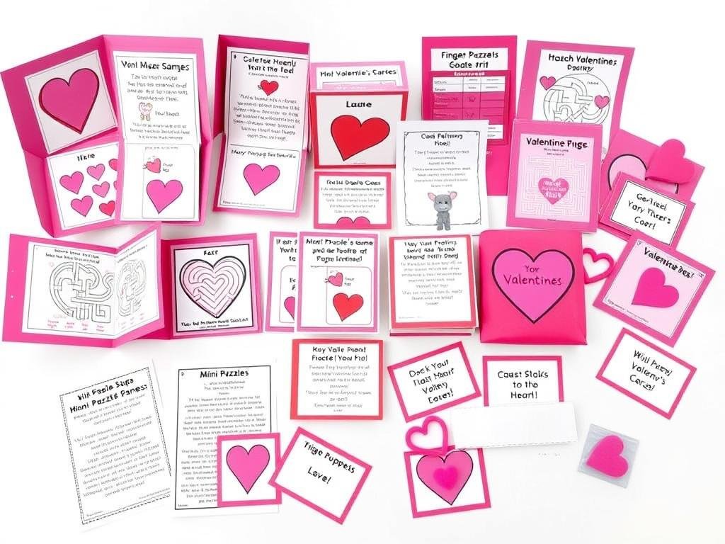 Small Valentine's activity packs with puzzles and games for classroom distribution