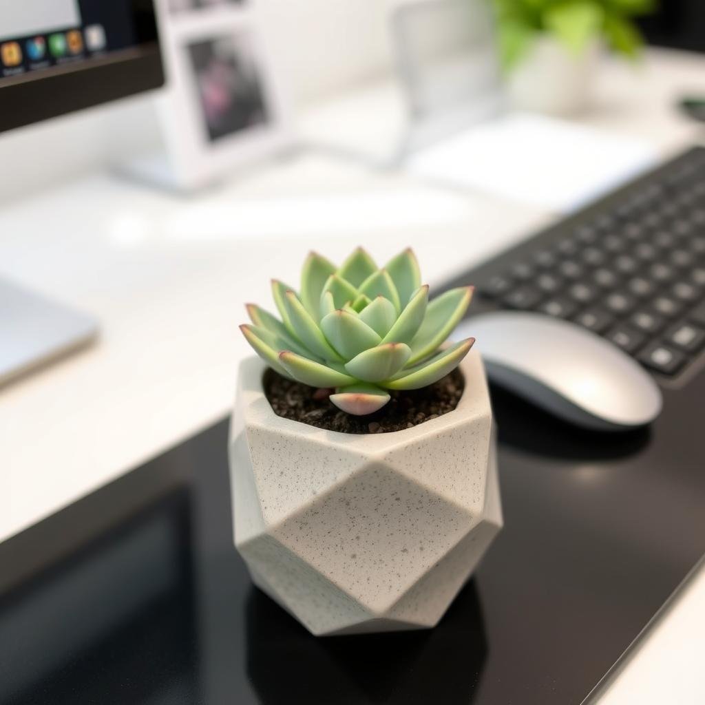 Small succulent plant in decorative pot on office desk