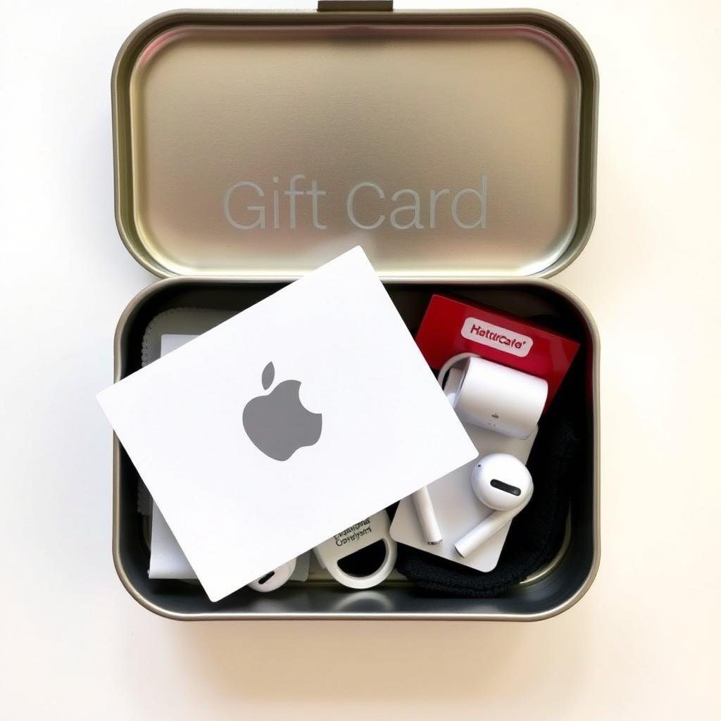 Small tin with Apple gift card and tech accessories