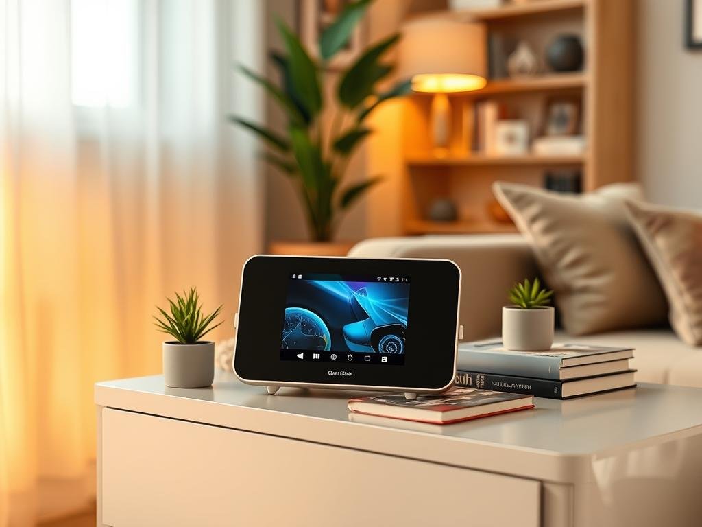 Smart home speaker displayed in a living room setting as a housewarming gift
