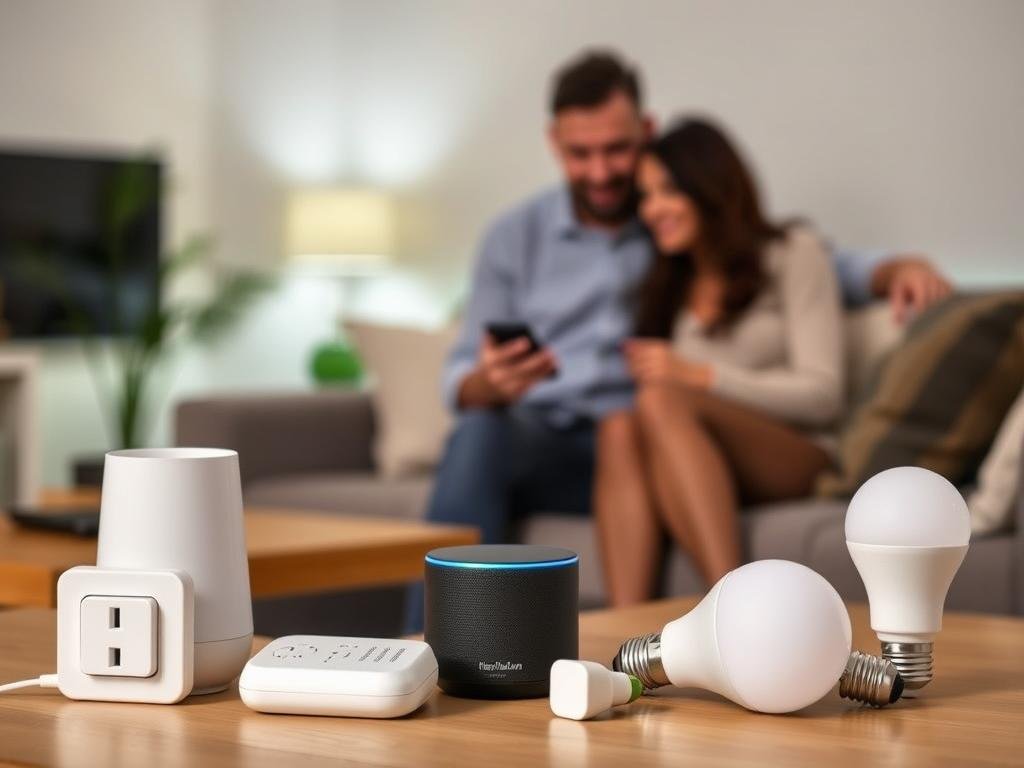Smart home starter kit with voice assistant, smart plugs, and lights arranged in a modern living room