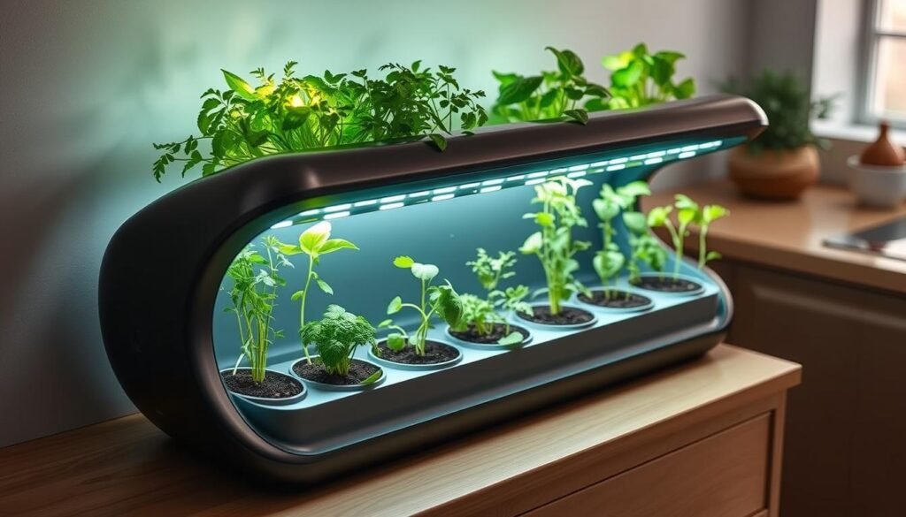 Smart indoor garden with growing herbs and LED lights in a modern kitchen setting