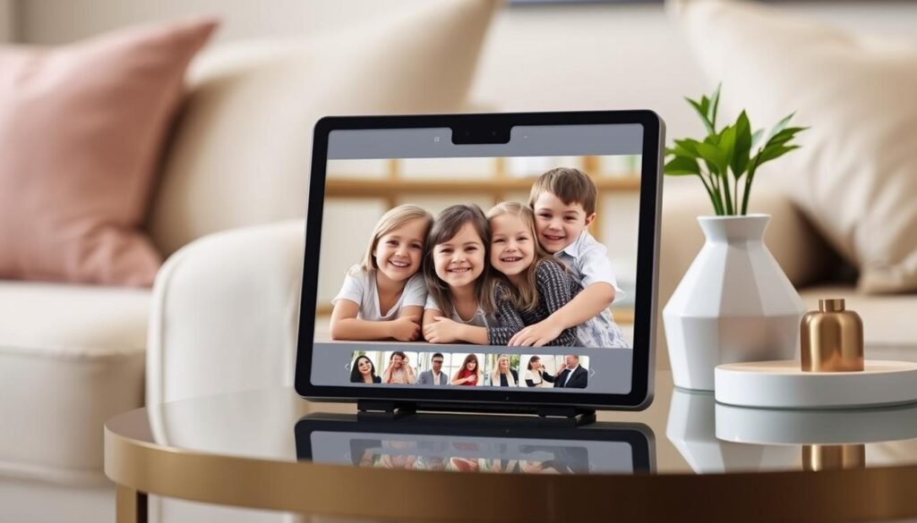 Smart photo frame displaying family photos on living room table creative gift ideas