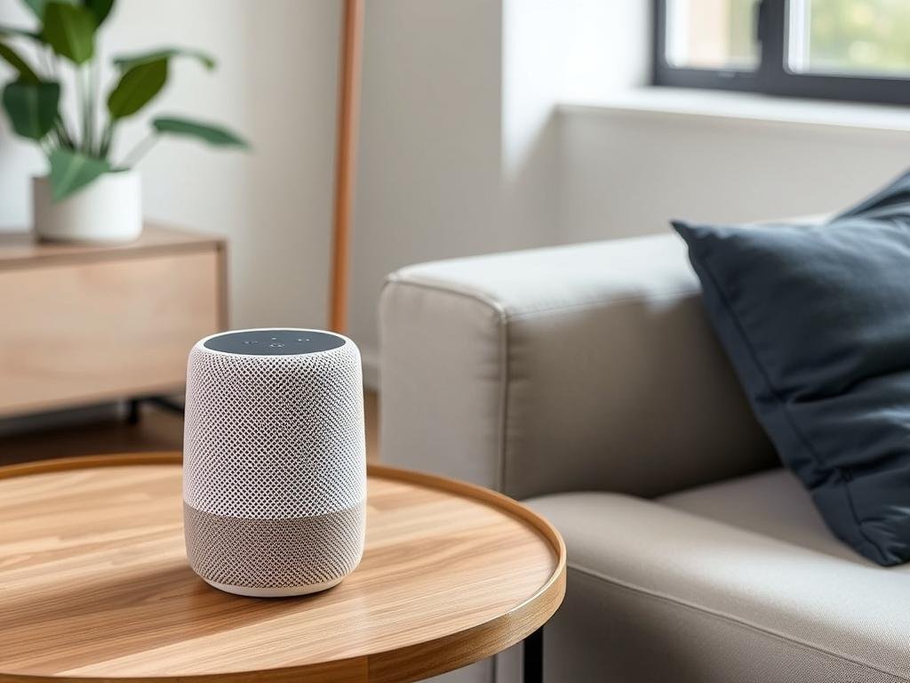 Smart speaker with voice assistant in stylish design, modern gift idea for women