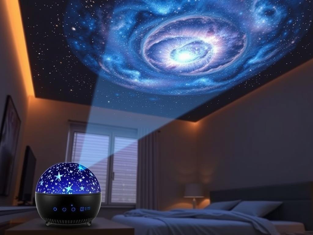 Smart star projector creating a realistic night sky on ceiling with galaxy effects