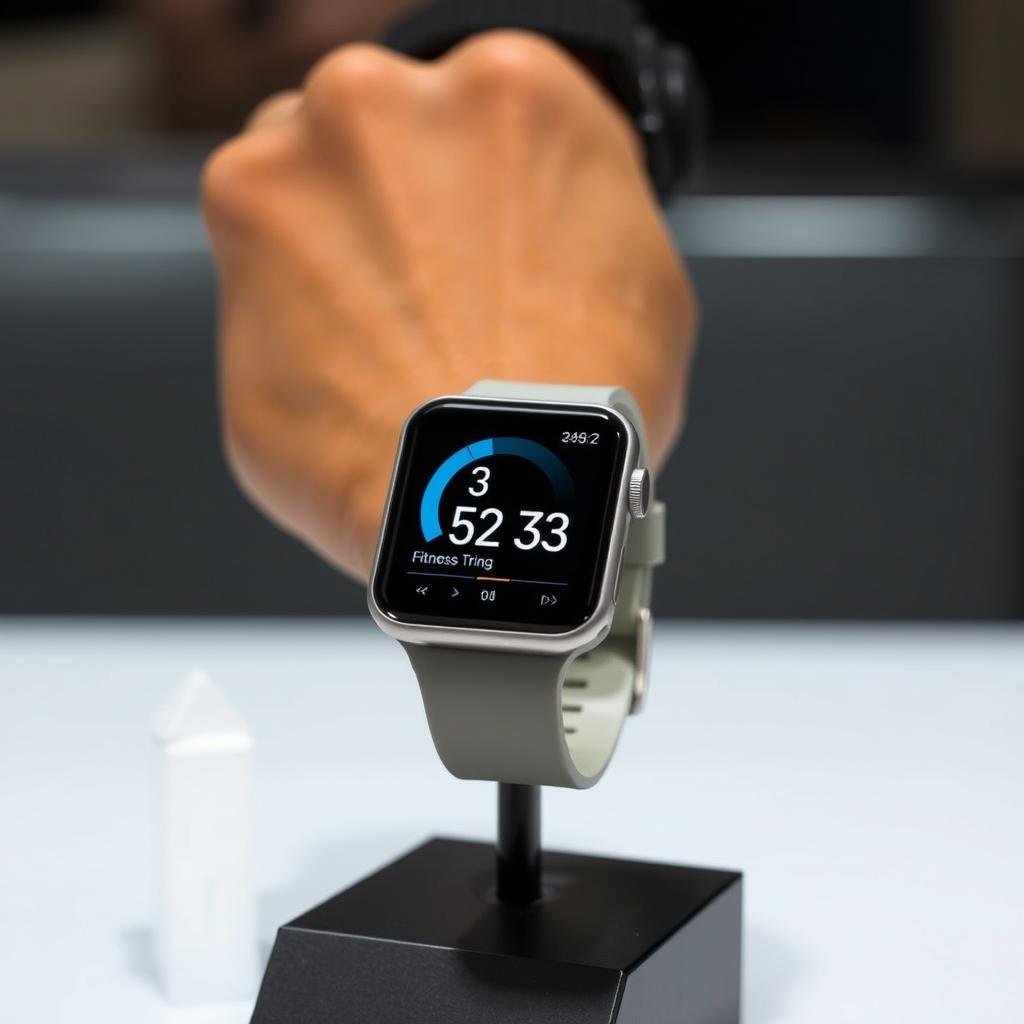 Smart watch with fitness tracking features displayed on wrist