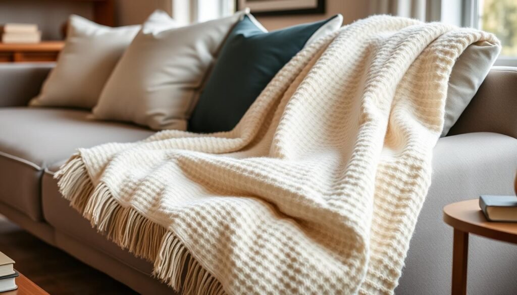 Soft cotton throw blanket draped over a living room couch