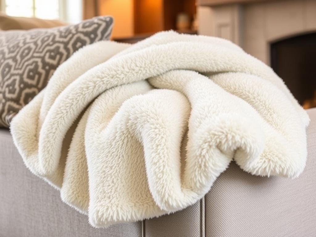 Soft, plush throw blanket draped over a couch for housewarming gift ideas