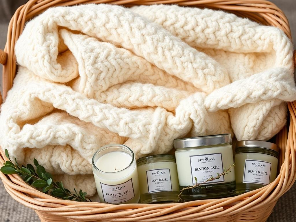 Soft throw blanket and scented candles arranged in a gift basket