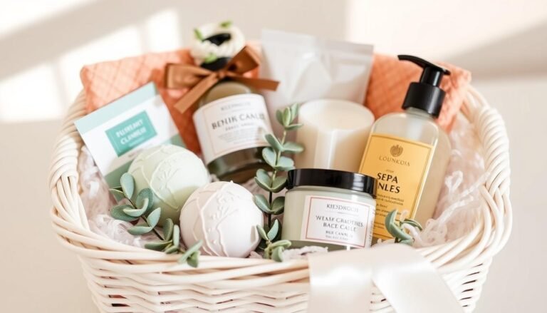 Spa gift basket with bath bombs, candles, and face masks arranged in a white wicker basket with eucalyptus sprigs