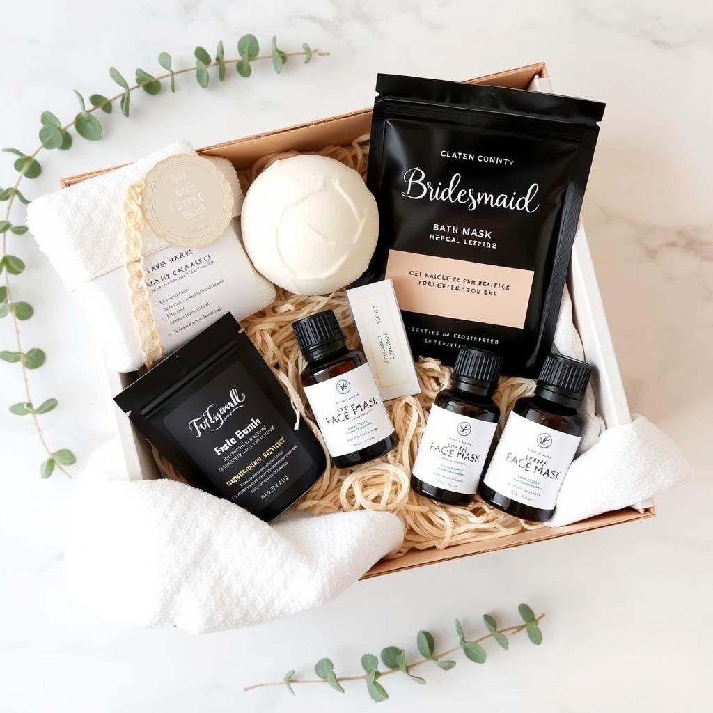 Spa themed bridesmaid gift box with bath bombs and face masks