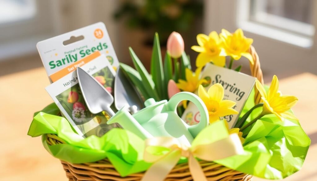 Spring-themed gift basket with seed packets and gardening tools as small gifts for neighbors