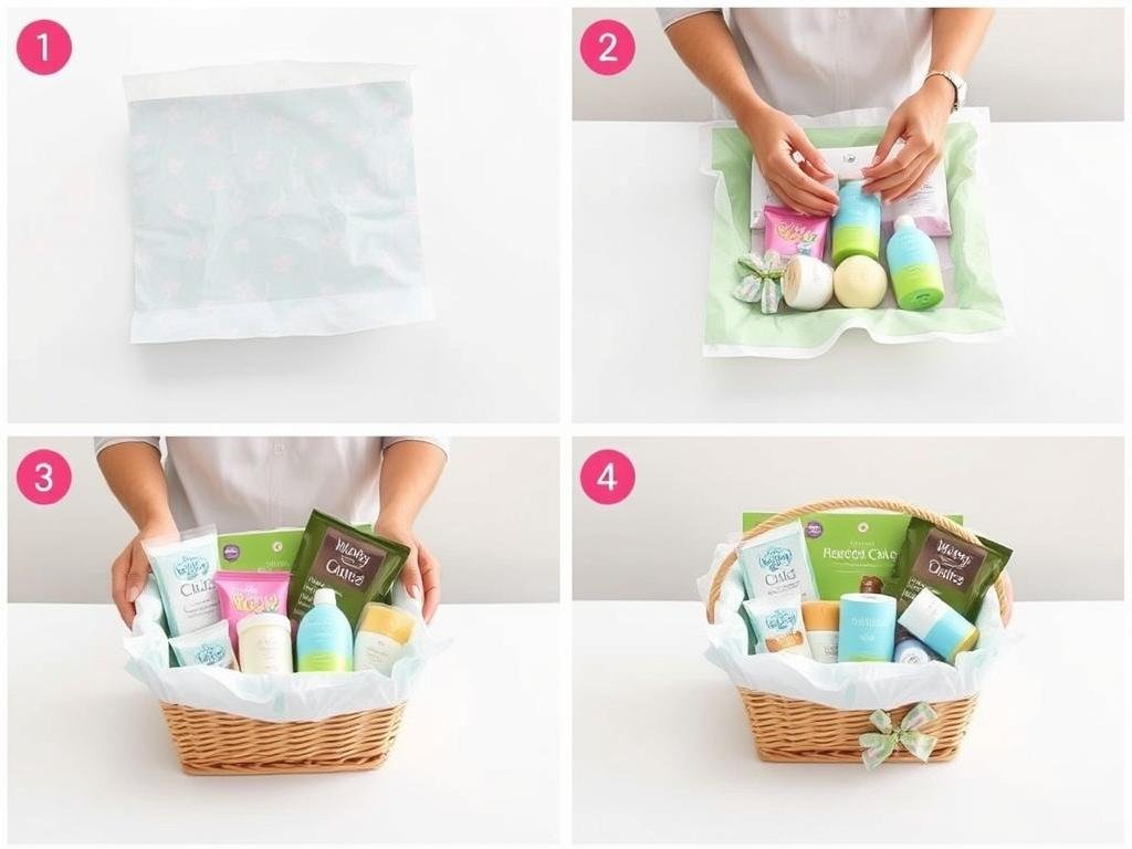 Step-by-step arrangement of a baby gift basket