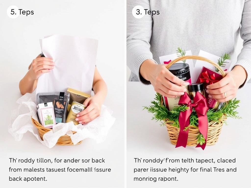 Step-by-step arrangement of items in a gift basket with decorative elements