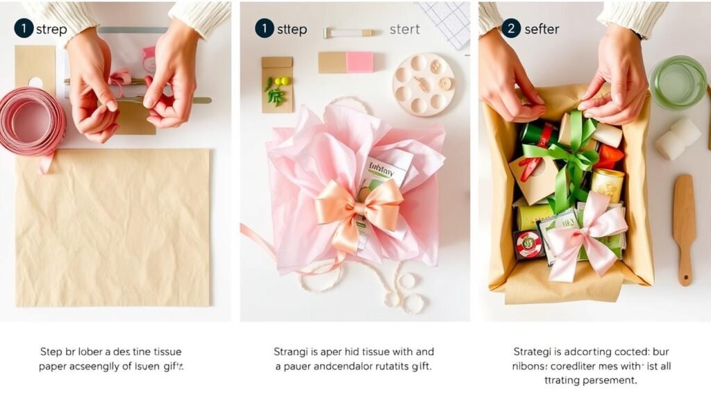 Step-by-step assembly of a kids gift basket showing arrangement techniques