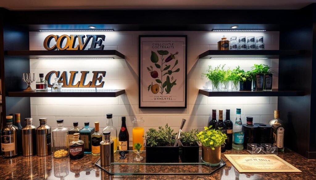 Stylish bar décor including vintage-inspired signs, specialized lighting, and functional art pieces