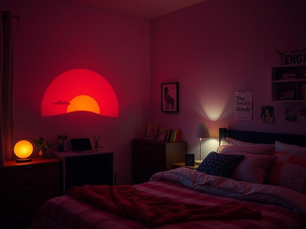 Sunset projection lamp creating atmospheric lighting in a Gen Z bedroom