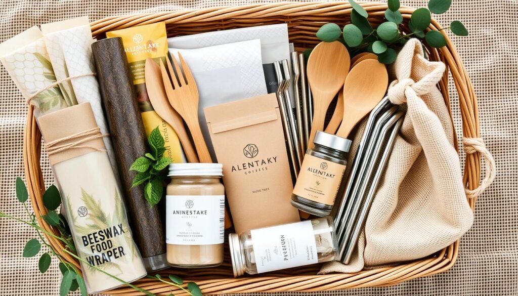Sustainable gift basket with reusable items including beeswax wraps, bamboo utensils, and cotton produce bags