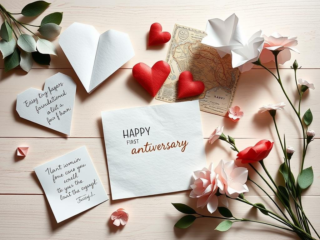 Symbolic paper items representing first anniversary traditions Symbolic paper items representing first anniversary traditions