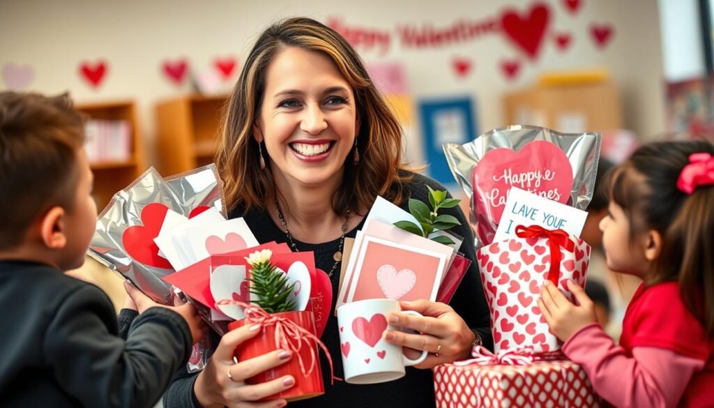 Teacher smiling while holding Valentine's gifts from students