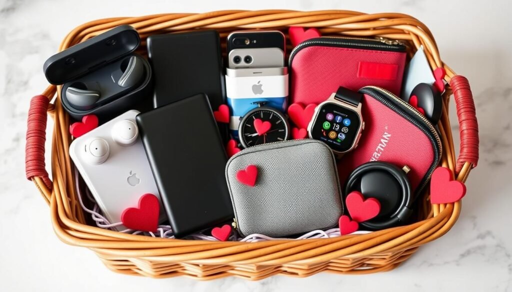 Tech and gadget Valentine's Day basket for him with electronics and accessories