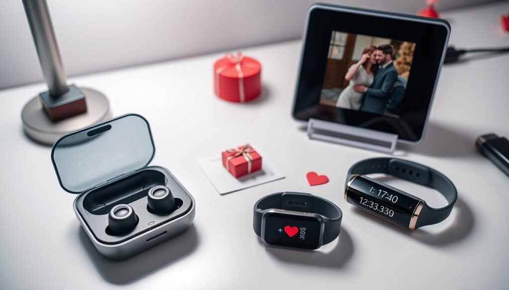 Tech-inspired last minute valentines gifts including wireless earbuds, a smart photo frame, and a fitness tracker arranged on a modern desk
