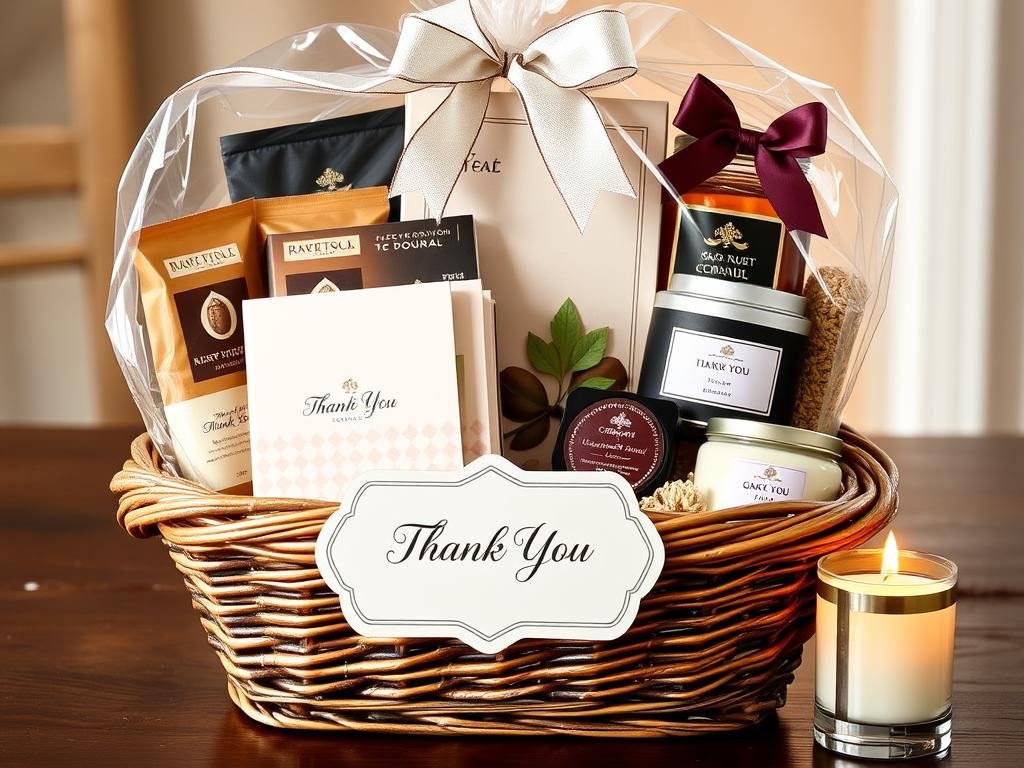 Thank you gift basket with gourmet treats, tea, and appreciation-themed items