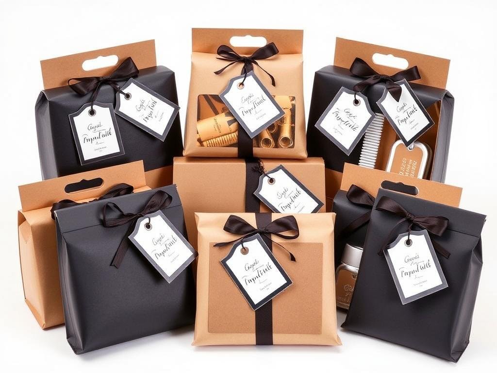 Themed groomsmen gift boxes with coordinated packaging and personalized tags
