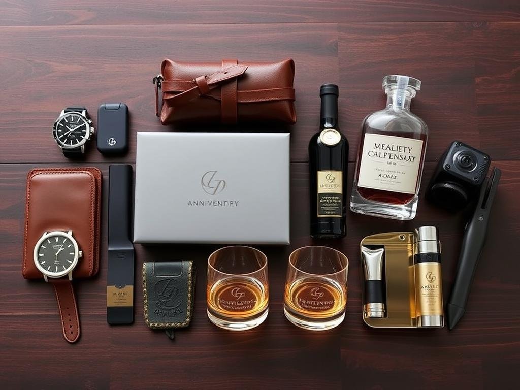 Thoughtful anniversary gifts for husbands including watches, tech gadgets, and personalized items