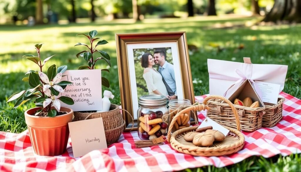 Thoughtful budget-friendly anniversary gifts arranged together