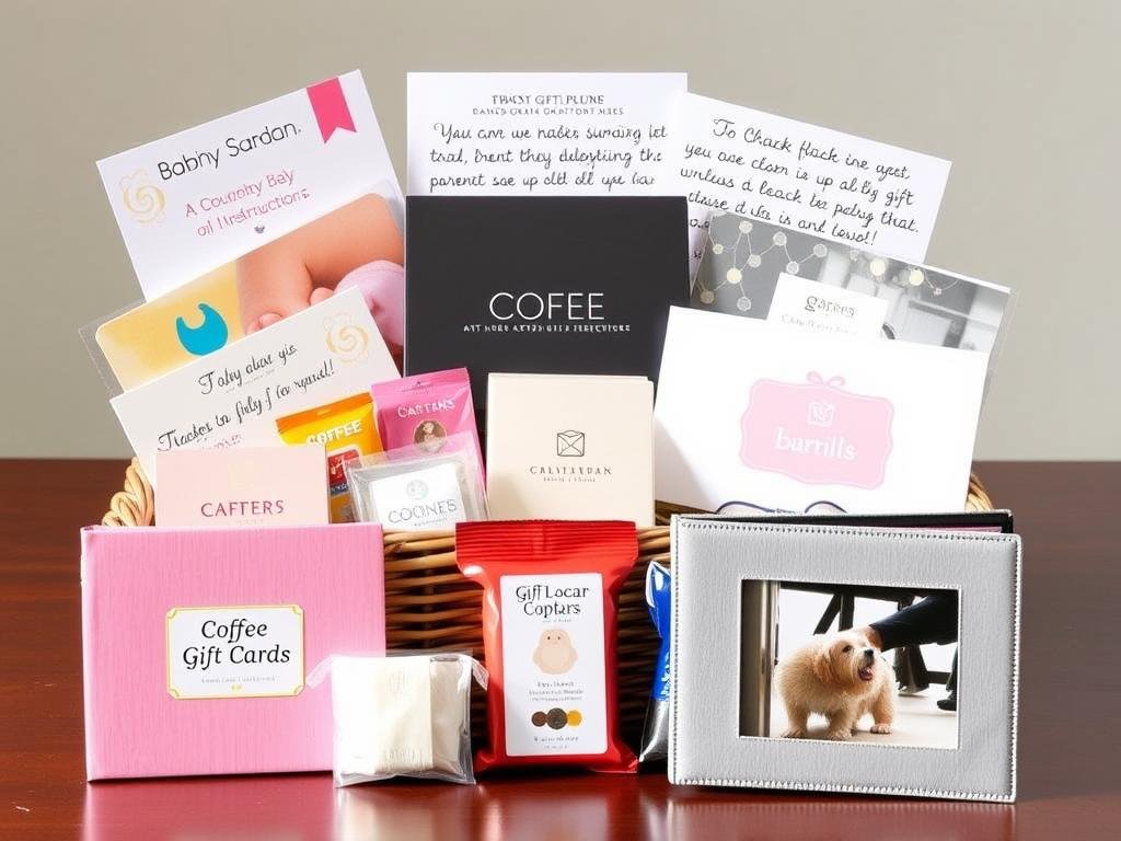 Thoughtful extras for baby gift baskets including gift cards and parent care items