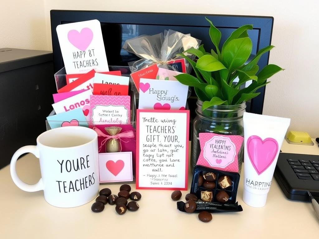 Thoughtful school valentines day gifts for teachers arranged on a desk