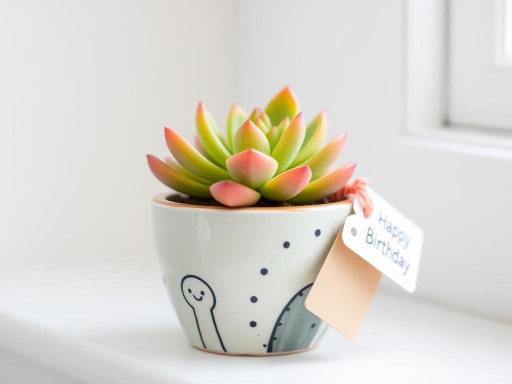 Tiny potted succulent in decorative pot - cute small birthday gift