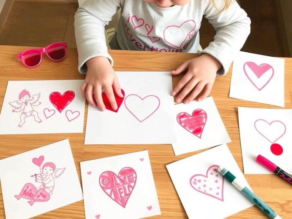 Toddler creating Valentine's cards with washable stamp set featuring hearts and love themes