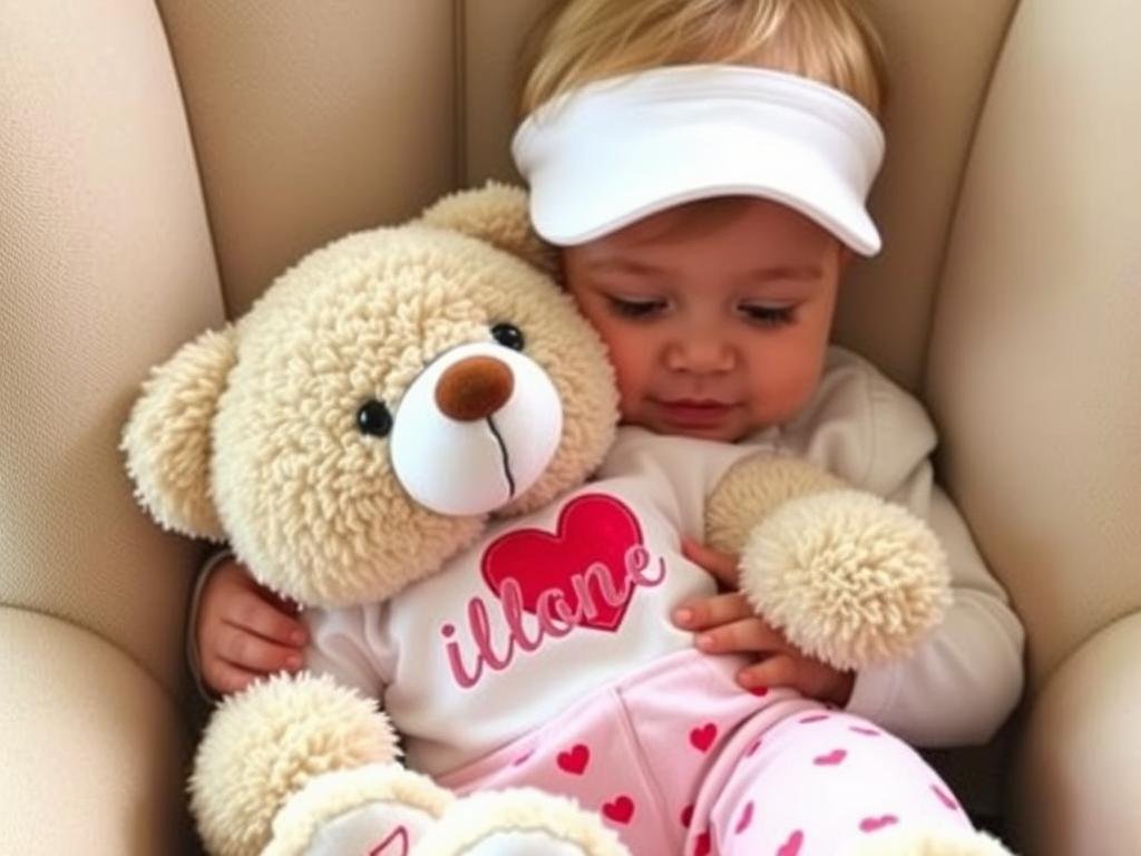 Toddler cuddling with a personalized teddy bear wearing a Valentine's Day outfit