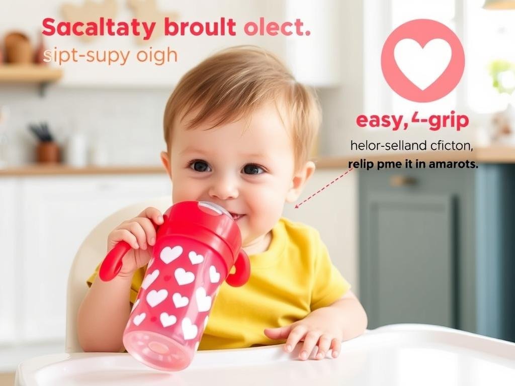 Toddler drinking from heart-patterned sippy cup with easy-grip handles
