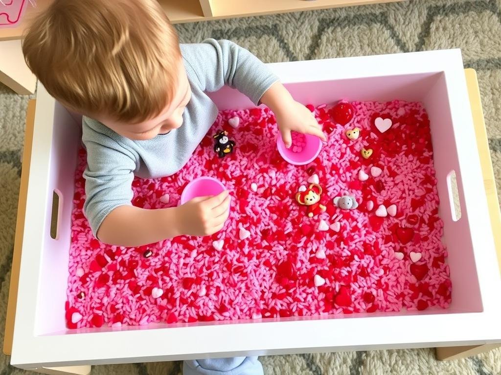 Toddler exploring a Valentine's themed sensory bin with hearts, rice, and small toys