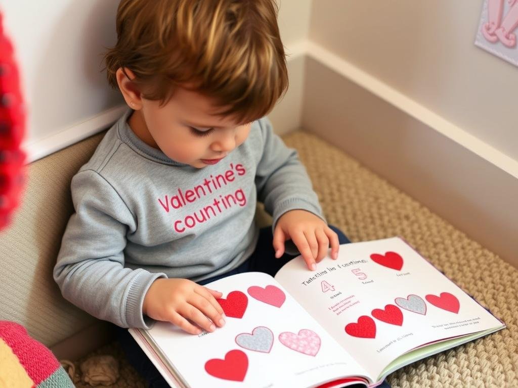 Toddler exploring a Valentine's themed sensory counting book