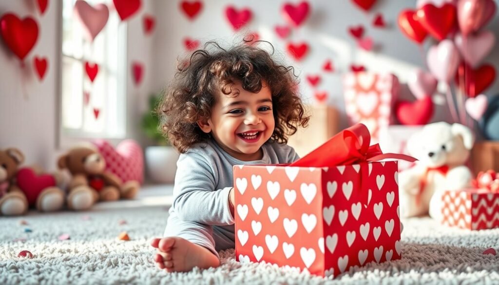 Toddler opening Valentine's Day gift with excitement, surrounded by heart decorations