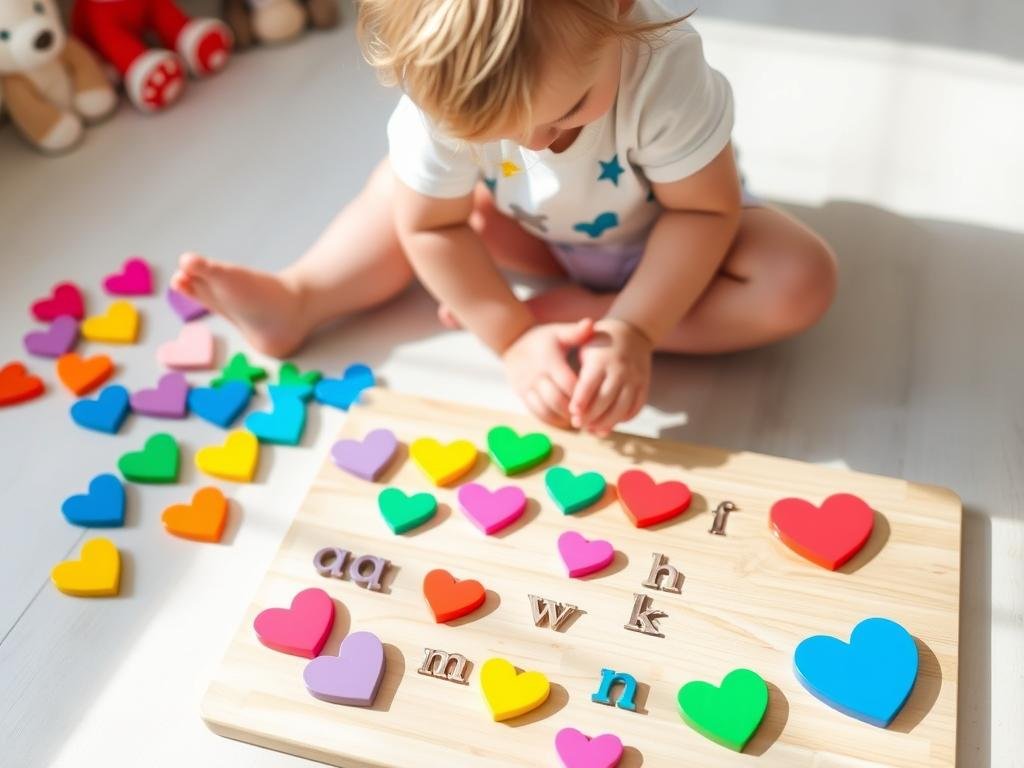 Toddler playing with colorful heart-shaped alphabet puzzle pieces