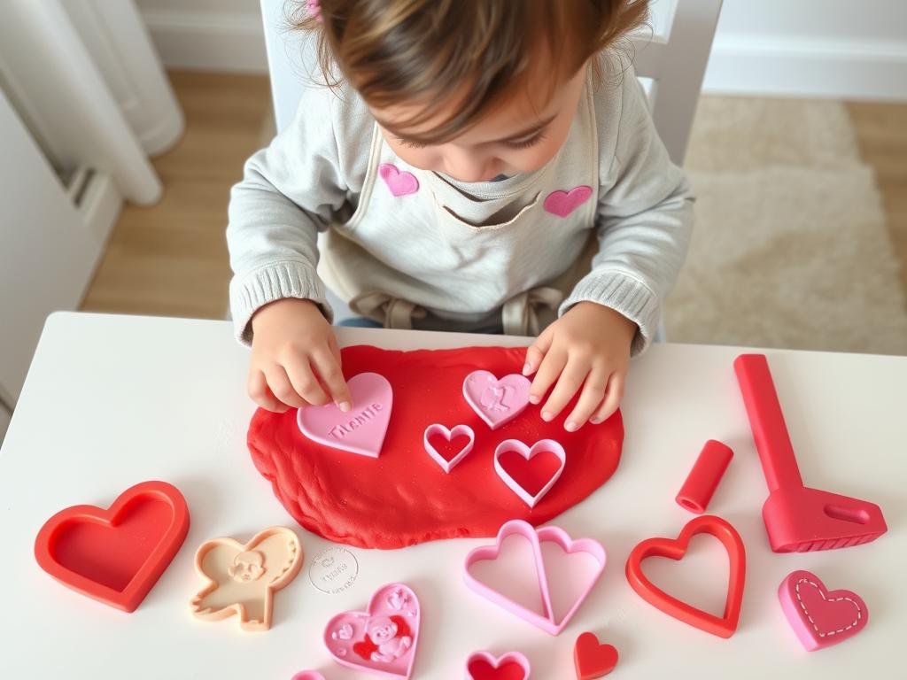 Toddler playing with heart-shaped play dough and Valentine's themed cookie cutters