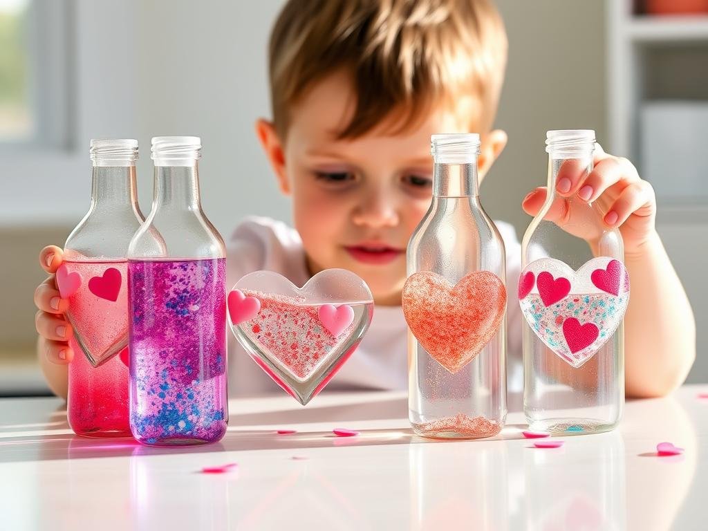 Toddler playing with heart-shaped sensory bottles filled with glitter and colored water