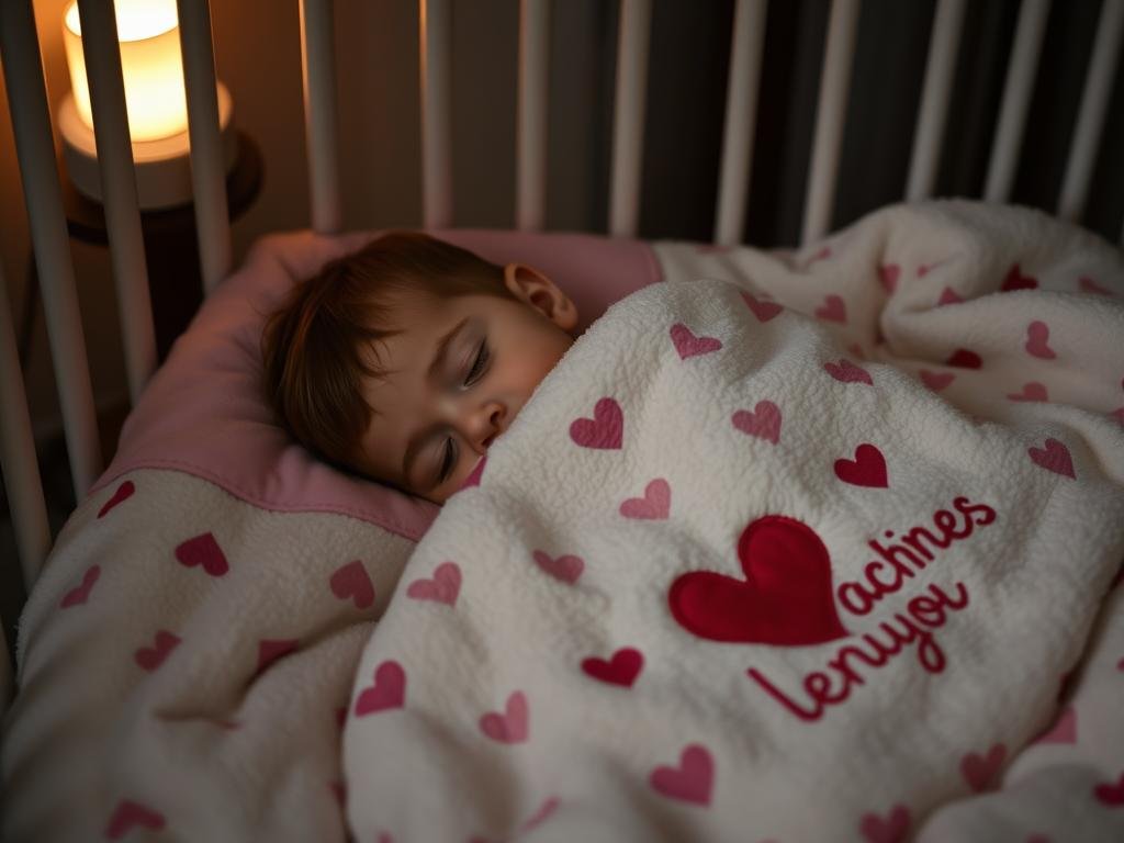 Toddler sleeping with Valentine's themed blanket in crib